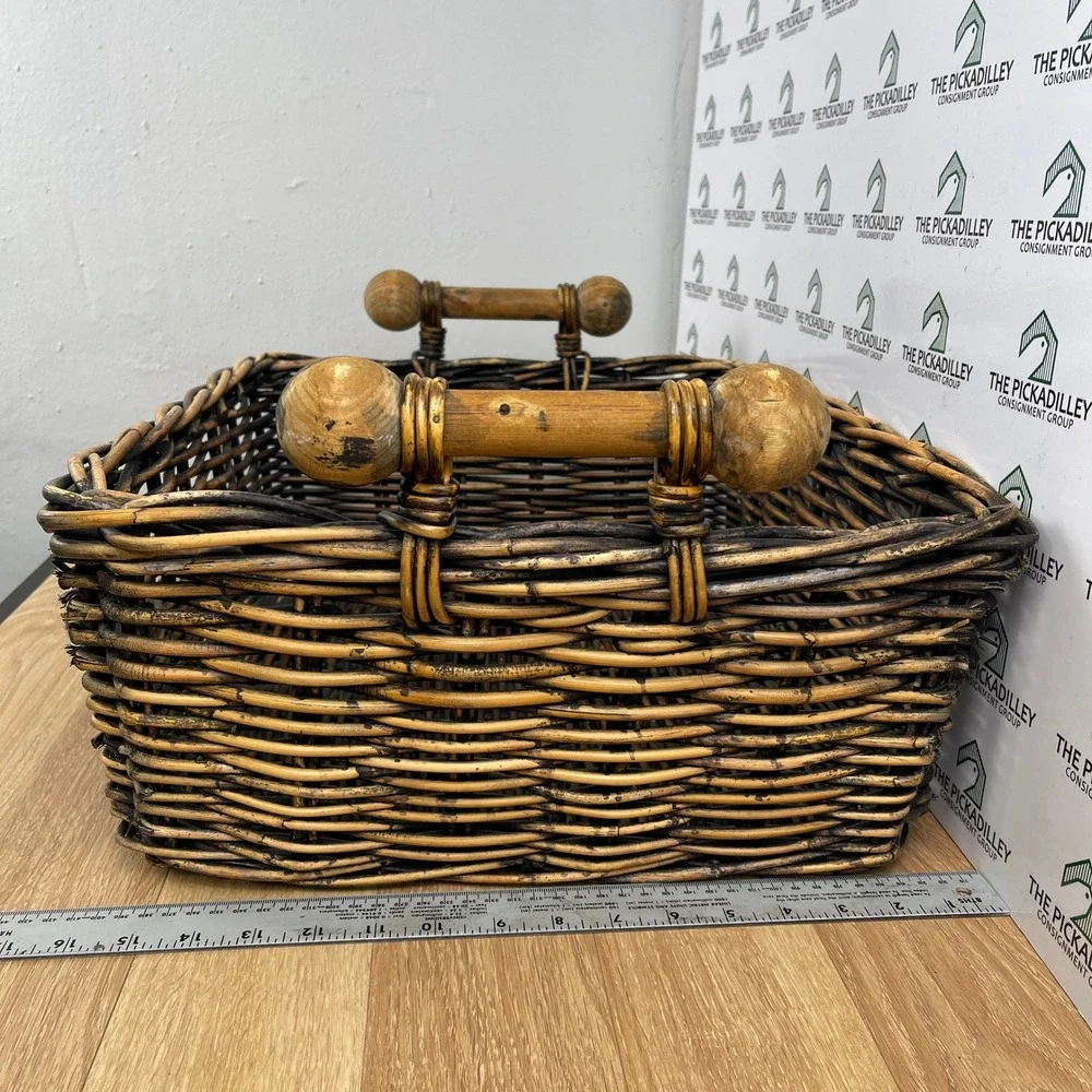 Large Rustic Hand Woven Rattan Storage Basket with Turned Wood Handles Brown